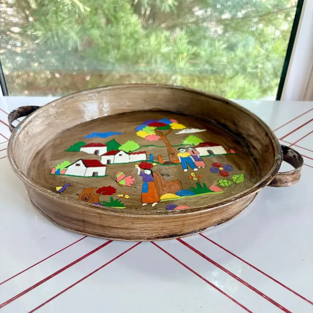 Vintage Hand Painted Folk Art Metal Tray Village Scene Round 14